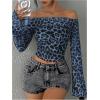 imageMakeMeChic Womens Cheetah Print Top Off The Shoulder Bell Sleeve Tops Mesh Lettuce Trim Y2K Cropped Tee ShirtBlue B