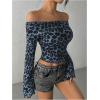 imageMakeMeChic Womens Cheetah Print Top Off The Shoulder Bell Sleeve Tops Mesh Lettuce Trim Y2K Cropped Tee ShirtBlue B