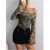 imageMakeMeChic Womens Cheetah Print Top Off The Shoulder Bell Sleeve Tops Mesh Lettuce Trim Y2K Cropped Tee ShirtCoffee Brown