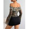 imageMakeMeChic Womens Cheetah Print Top Off The Shoulder Bell Sleeve Tops Mesh Lettuce Trim Y2K Cropped Tee ShirtCoffee Brown