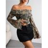 imageMakeMeChic Womens Cheetah Print Top Off The Shoulder Bell Sleeve Tops Mesh Lettuce Trim Y2K Cropped Tee ShirtCoffee Brown