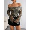 imageMakeMeChic Womens Cheetah Print Top Off The Shoulder Bell Sleeve Tops Mesh Lettuce Trim Y2K Cropped Tee ShirtCoffee Brown