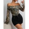 imageMakeMeChic Womens Cheetah Print Top Off The Shoulder Bell Sleeve Tops Mesh Lettuce Trim Y2K Cropped Tee ShirtCoffee Brown