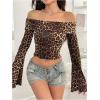imageMakeMeChic Womens Cheetah Print Top Off The Shoulder Bell Sleeve Tops Mesh Lettuce Trim Y2K Cropped Tee ShirtDeep Brown