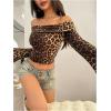 imageMakeMeChic Womens Cheetah Print Top Off The Shoulder Bell Sleeve Tops Mesh Lettuce Trim Y2K Cropped Tee ShirtDeep Brown