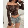 imageMakeMeChic Womens Cheetah Print Top Off The Shoulder Bell Sleeve Tops Mesh Lettuce Trim Y2K Cropped Tee ShirtDeep Brown