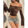 imageMakeMeChic Womens Cheetah Print Top Off The Shoulder Bell Sleeve Tops Mesh Lettuce Trim Y2K Cropped Tee ShirtDeep Brown