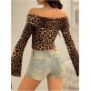 imageMakeMeChic Womens Cheetah Print Top Off The Shoulder Bell Sleeve Tops Mesh Lettuce Trim Y2K Cropped Tee ShirtDeep Brown
