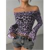 imageMakeMeChic Womens Cheetah Print Top Off The Shoulder Bell Sleeve Tops Mesh Lettuce Trim Y2K Cropped Tee ShirtDusty Purple
