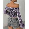 imageMakeMeChic Womens Cheetah Print Top Off The Shoulder Bell Sleeve Tops Mesh Lettuce Trim Y2K Cropped Tee ShirtDusty Purple