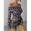 imageMakeMeChic Womens Cheetah Print Top Off The Shoulder Bell Sleeve Tops Mesh Lettuce Trim Y2K Cropped Tee ShirtDusty Purple