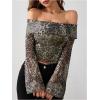 imageMakeMeChic Womens Cheetah Print Top Off The Shoulder Bell Sleeve Tops Mesh Lettuce Trim Y2K Cropped Tee ShirtGreen B