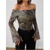 imageMakeMeChic Womens Cheetah Print Top Off The Shoulder Bell Sleeve Tops Mesh Lettuce Trim Y2K Cropped Tee ShirtGreen B