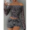 imageMakeMeChic Womens Cheetah Print Top Off The Shoulder Bell Sleeve Tops Mesh Lettuce Trim Y2K Cropped Tee ShirtGrey