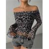 imageMakeMeChic Womens Cheetah Print Top Off The Shoulder Bell Sleeve Tops Mesh Lettuce Trim Y2K Cropped Tee ShirtGrey