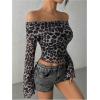 imageMakeMeChic Womens Cheetah Print Top Off The Shoulder Bell Sleeve Tops Mesh Lettuce Trim Y2K Cropped Tee ShirtGrey