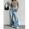 imageMakeMeChic Womens Cheetah Print Top Off The Shoulder Bell Sleeve Tops Mesh Lettuce Trim Y2K Cropped Tee ShirtGrey B
