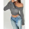 imageMakeMeChic Womens Cheetah Print Top Off The Shoulder Bell Sleeve Tops Mesh Lettuce Trim Y2K Cropped Tee ShirtGrey B