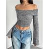 imageMakeMeChic Womens Cheetah Print Top Off The Shoulder Bell Sleeve Tops Mesh Lettuce Trim Y2K Cropped Tee ShirtGrey B