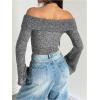 imageMakeMeChic Womens Cheetah Print Top Off The Shoulder Bell Sleeve Tops Mesh Lettuce Trim Y2K Cropped Tee ShirtGrey B