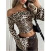 imageMakeMeChic Womens Cheetah Print Top Off The Shoulder Bell Sleeve Tops Mesh Lettuce Trim Y2K Cropped Tee ShirtKhaki B