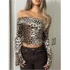 imageMakeMeChic Womens Cheetah Print Top Off The Shoulder Bell Sleeve Tops Mesh Lettuce Trim Y2K Cropped Tee ShirtKhaki B