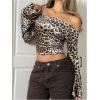 imageMakeMeChic Womens Cheetah Print Top Off The Shoulder Bell Sleeve Tops Mesh Lettuce Trim Y2K Cropped Tee ShirtKhaki B