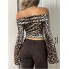imageMakeMeChic Womens Cheetah Print Top Off The Shoulder Bell Sleeve Tops Mesh Lettuce Trim Y2K Cropped Tee ShirtKhaki B