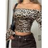 imageMakeMeChic Womens Cheetah Print Top Off The Shoulder Bell Sleeve Tops Mesh Lettuce Trim Y2K Cropped Tee ShirtKhaki B