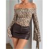 imageMakeMeChic Womens Cheetah Print Top Off The Shoulder Bell Sleeve Tops Mesh Lettuce Trim Y2K Cropped Tee ShirtLight Brown