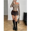 imageMakeMeChic Womens Cheetah Print Top Off The Shoulder Bell Sleeve Tops Mesh Lettuce Trim Y2K Cropped Tee ShirtLight Brown