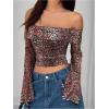 imageMakeMeChic Womens Cheetah Print Top Off The Shoulder Bell Sleeve Tops Mesh Lettuce Trim Y2K Cropped Tee ShirtMocha Brown