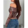 imageMakeMeChic Womens Cheetah Print Top Off The Shoulder Bell Sleeve Tops Mesh Lettuce Trim Y2K Cropped Tee ShirtMocha Brown