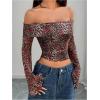 imageMakeMeChic Womens Cheetah Print Top Off The Shoulder Bell Sleeve Tops Mesh Lettuce Trim Y2K Cropped Tee ShirtMocha Brown