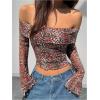 imageMakeMeChic Womens Cheetah Print Top Off The Shoulder Bell Sleeve Tops Mesh Lettuce Trim Y2K Cropped Tee ShirtMocha Brown
