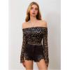 imageMakeMeChic Womens Cheetah Print Top Off The Shoulder Bell Sleeve Tops Mesh Lettuce Trim Y2K Cropped Tee ShirtMulticolor