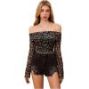 imageMakeMeChic Womens Cheetah Print Top Off The Shoulder Bell Sleeve Tops Mesh Lettuce Trim Y2K Cropped Tee ShirtMulticolor