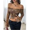 imageMakeMeChic Womens Cheetah Print Top Off The Shoulder Bell Sleeve Tops Mesh Lettuce Trim Y2K Cropped Tee ShirtMulticolor B
