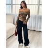 imageMakeMeChic Womens Cheetah Print Top Off The Shoulder Bell Sleeve Tops Mesh Lettuce Trim Y2K Cropped Tee ShirtMulticolor B
