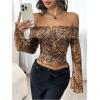 imageMakeMeChic Womens Cheetah Print Top Off The Shoulder Bell Sleeve Tops Mesh Lettuce Trim Y2K Cropped Tee ShirtMulticolor B