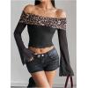 imageMakeMeChic Womens Cheetah Print Top Off The Shoulder Bell Sleeve Tops Mesh Lettuce Trim Y2K Cropped Tee ShirtMulticolor C