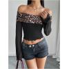imageMakeMeChic Womens Cheetah Print Top Off The Shoulder Bell Sleeve Tops Mesh Lettuce Trim Y2K Cropped Tee ShirtMulticolor C
