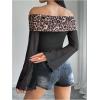 imageMakeMeChic Womens Cheetah Print Top Off The Shoulder Bell Sleeve Tops Mesh Lettuce Trim Y2K Cropped Tee ShirtMulticolor C