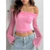 imageMakeMeChic Womens Cheetah Print Top Off The Shoulder Bell Sleeve Tops Mesh Lettuce Trim Y2K Cropped Tee ShirtPink