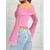 imageMakeMeChic Womens Cheetah Print Top Off The Shoulder Bell Sleeve Tops Mesh Lettuce Trim Y2K Cropped Tee ShirtPink