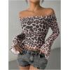 imageMakeMeChic Womens Cheetah Print Top Off The Shoulder Bell Sleeve Tops Mesh Lettuce Trim Y2K Cropped Tee ShirtPink B