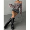 imageMakeMeChic Womens Cheetah Print Top Off The Shoulder Bell Sleeve Tops Mesh Lettuce Trim Y2K Cropped Tee ShirtPink B
