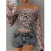 imageMakeMeChic Womens Cheetah Print Top Off The Shoulder Bell Sleeve Tops Mesh Lettuce Trim Y2K Cropped Tee ShirtPink B