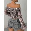 imageMakeMeChic Womens Cheetah Print Top Off The Shoulder Bell Sleeve Tops Mesh Lettuce Trim Y2K Cropped Tee ShirtPink B
