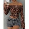 imageMakeMeChic Womens Cheetah Print Top Off The Shoulder Bell Sleeve Tops Mesh Lettuce Trim Y2K Cropped Tee ShirtRust Brown